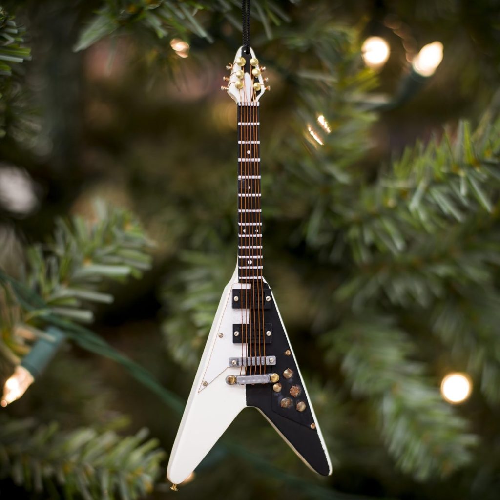 Broadway Gift Electric V-Guitar Black and White 5.5 inch Wood Hanging Christmas Ornament Decoration