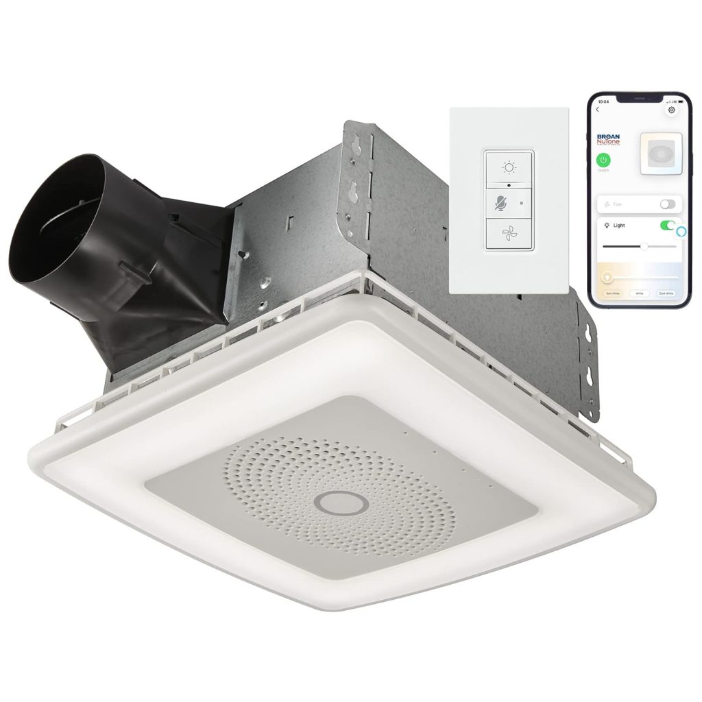 Broan-NuTone VC110CCT Sensonic Alexa Voice Controlled Smart Exhaust Fan with Dimmable LED Light and Bluetooth Speakers, 110 CFM,White, 13.25x13.25x5.75