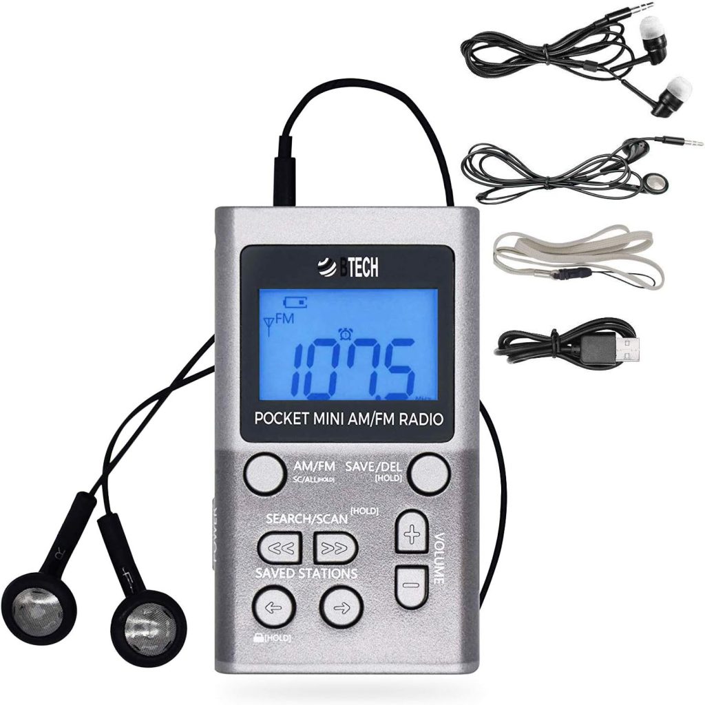 BTECH MPR-AF1 AM FM Personal Radio with Two Types of Stereo Headphones, Clock, Great Reception and Long Battery Life, Mini Pocket Walkman Radio with Headphones (Silver)
