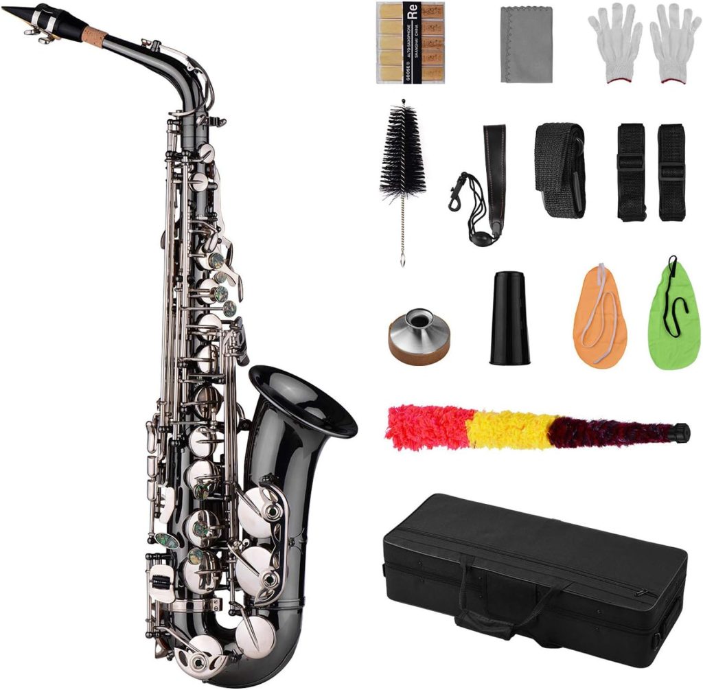Btuty Eb E-flat Alto Saxophone Professional Brass Bend Sax Black Nickel Plating Abalone Shell Keys with Carrying Case Gloves Cleaning Cloth Straps Grease Brush