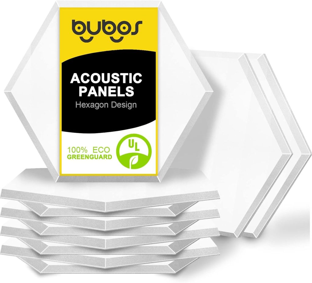 BUBOS 12 Pack Hexagon Acoustic Panels Soundproof Wall Panels,14 X 13 X 0.4Inches Sound Absorbing Panels Acoustical Wall Panels, Acoustic Treatment for Recording Studio, Office, Home,White