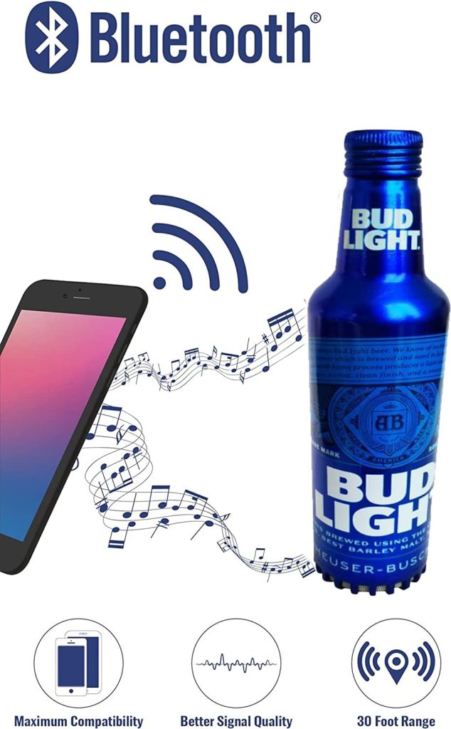 Bud Light Aluminum Bottle Designed Bluetooth Speaker with a Rechargeable Battery and up to 6 Hours of Playtime