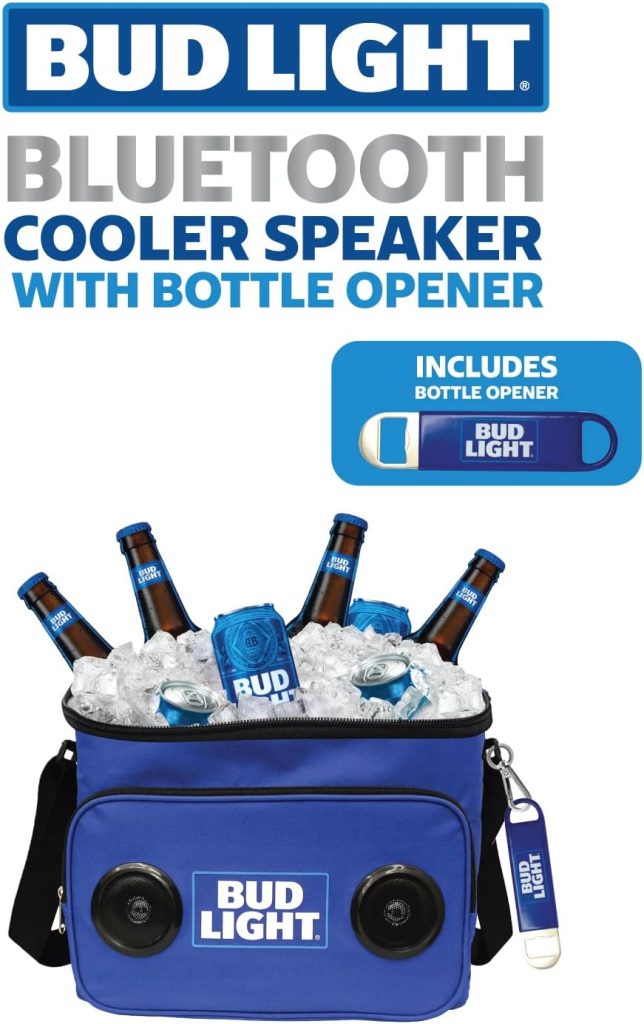 Bud Light Soft Cooler Bluetooth Speaker Portable Travel Cooler with Built in Speakers Wireless Cool Ice Pack Cold Beer Stereo for Apple iPhone, Samsung Galaxy with Bonus Bottle Opener  2 CAN Coolers