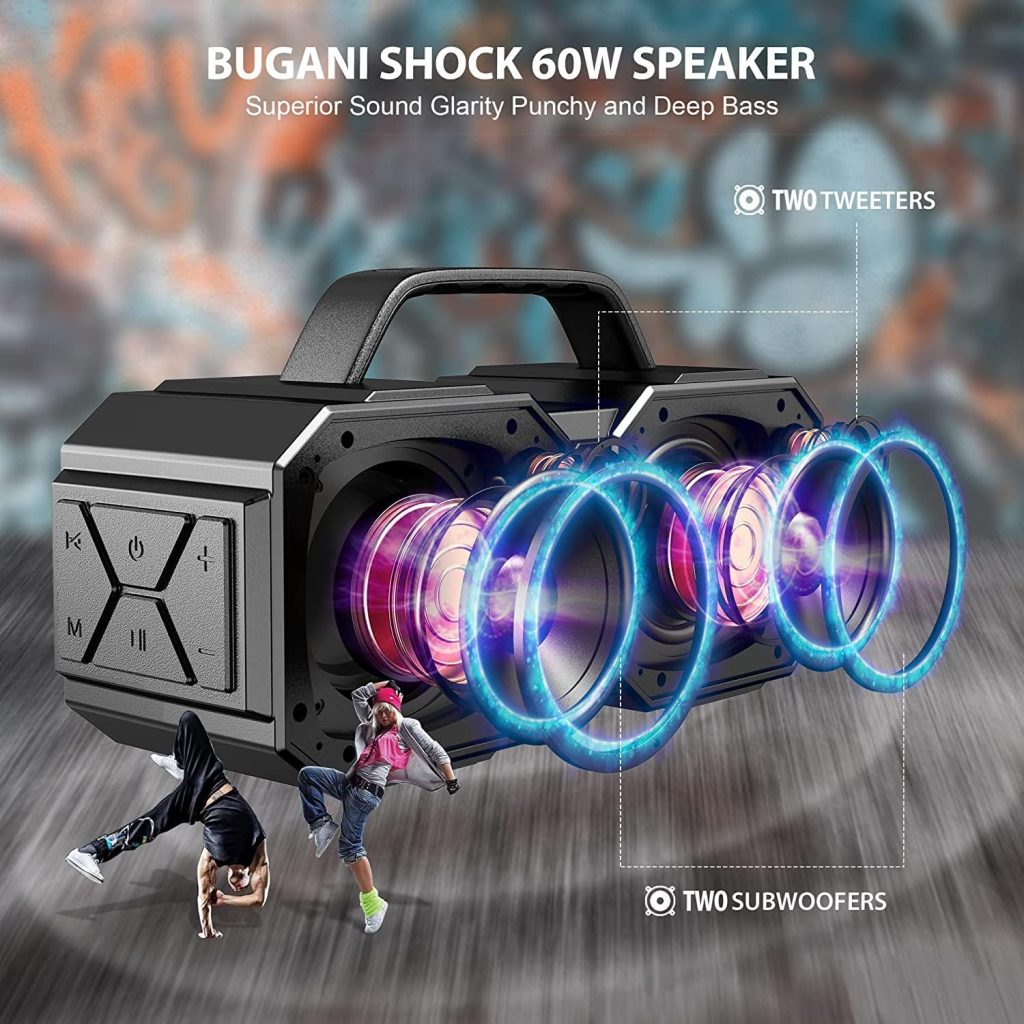 BUGANI Bluetooth Speaker, Shock Portable Bluetooth Speaker, Bluetooth 5.3, Waterproof, Wireless Speakers, 60W Super Power, Outdoor Speaker, Black(New Model)