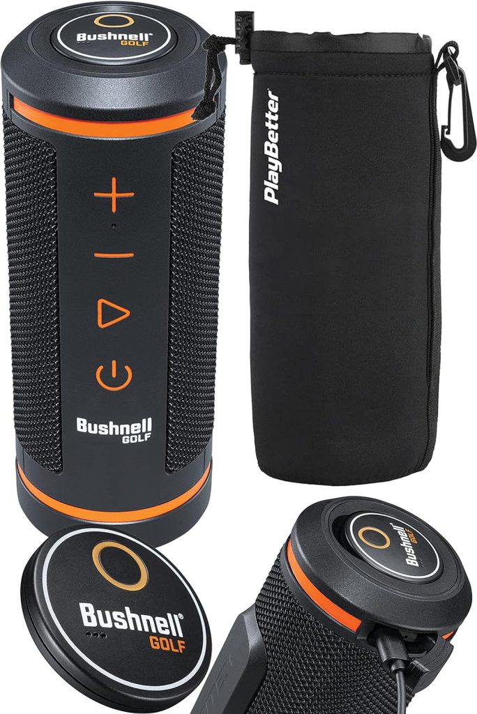 Bushnell Wingman GPS Golf Speaker Bundle with PlayBetter Protective Neoprene Pouch | Music  Audible Distances Bluetooth Speaker for Golf Cart | Score Tracking, 3D Flyovers  36,000+ Courses | 361910