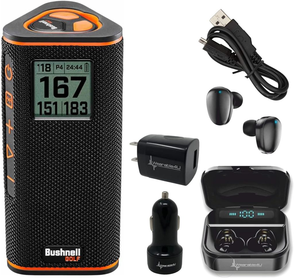 Bushnell Wingman View Golf GPS Bluetooth Speaker with Wearable4U Ultimate Black Earbuds and Wall and Car Chargers Bundle