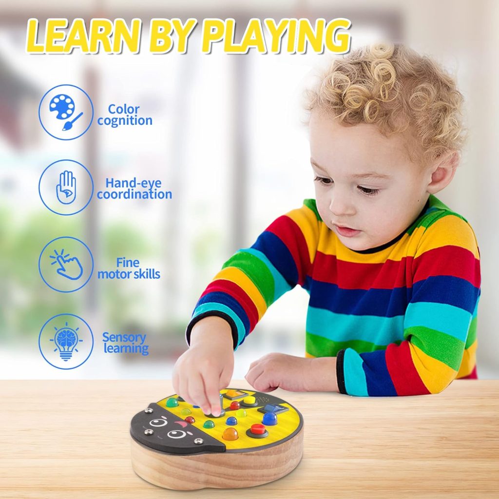 Busy Board Montessori Toys for Toddlers 1+ Year Old Baby Busy Board LED Sound Light Switch Toys with Buttons to Push Wooden Sensory Board - Red