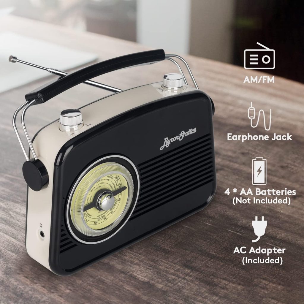 ByronStatics Radios Portable AM FM Radio with Bluetooth Speaker, Large Handle AC 120V Power Adaptor Or Battery Operated Large Dial Easy to Use Tuning Knob Telescopic Antenna Headphone Jack Black