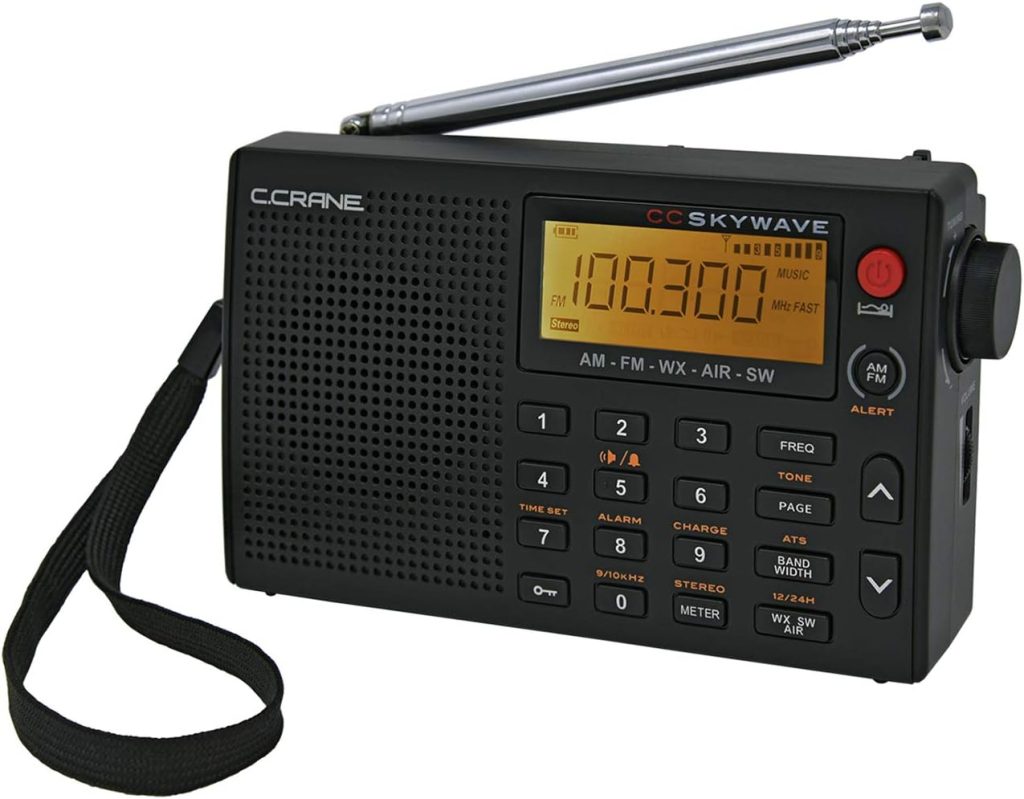 C Crane CC Skywave AM, FM, Shortwave, Weather and Airband Portable Travel Radio with Clock and Alarm