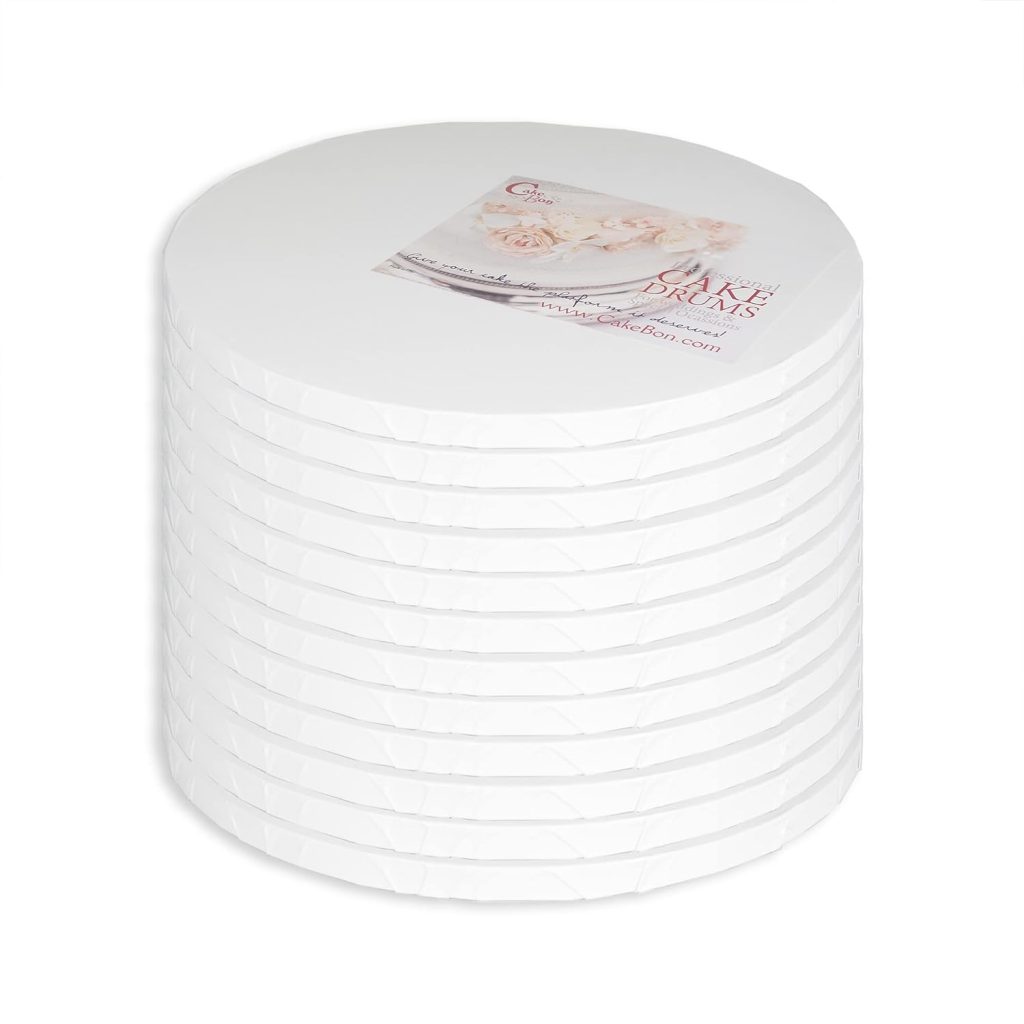 Cakebon Cake Drums Round 10 Inches - (White, 12-Pack) - Sturdy 1/2 Inch Thick - Fully Wrapped Edges