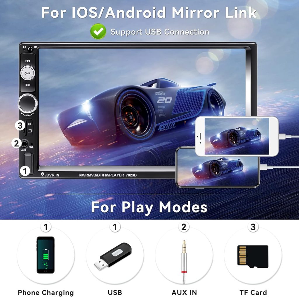 CAMECHO 7 Double Din Car Stereo Audio Bluetooth MP5 Player USB FM Multimedia Radio+ 4 LED Mini Backup Camera with Steering Wheel Remote Support Mobile Phone Synchronization (Used in Android/iOS)