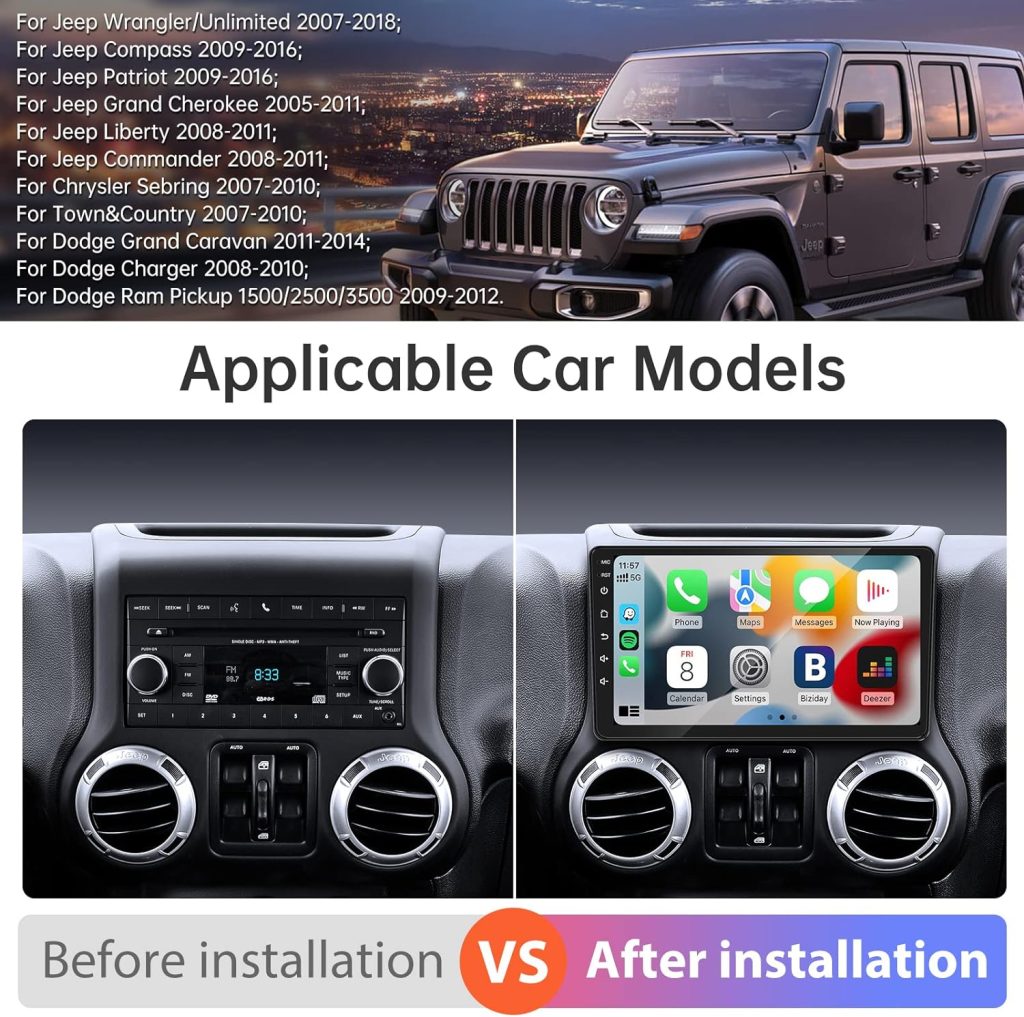 Car Radio for Jeep Wrangler JK Compass, 10.1 HD IPS Touchscreen Head Unit with Carplay/Andriod Auto, Bluetooth, WiFi, GPS, FM, USB, 2GB+32GB