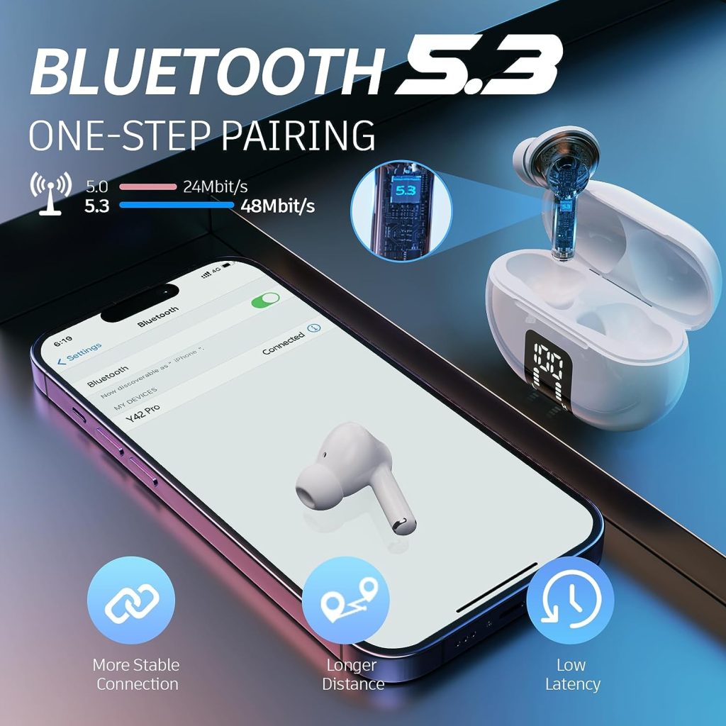 Carego Wireless Ear Buds Bluetooth Earbuds, 60H Playtime LED Power Display, Bluetooth 5.3 Headphone with Mic, Noise Cancellation Stereo Sound, IPX5 Earphone for iPhone/Samsung/Android/iOS