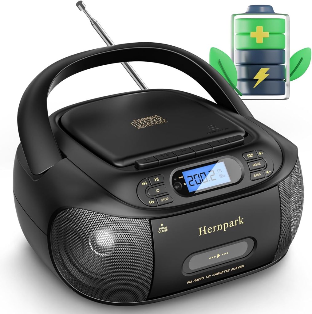 CD Cassette Player Combo, Hernpark Rechargeable Boombox with Bluetooth 5.1, Tape Recording, FM Radio, Super Bass, Stereo Sound, Aux/USB Drive, Headphones Jack, Boom Box for Indoor Outdoor