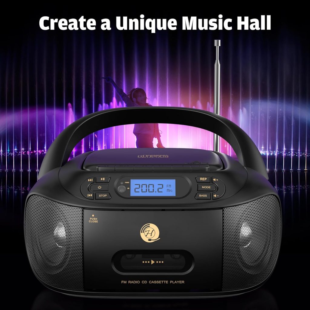 CD Cassette Player Combo, Hernpark Rechargeable Boombox with Bluetooth 5.1, Tape Recording, FM Radio, Super Bass, Stereo Sound, Aux/USB Drive, Headphones Jack, Boom Box for Indoor Outdoor