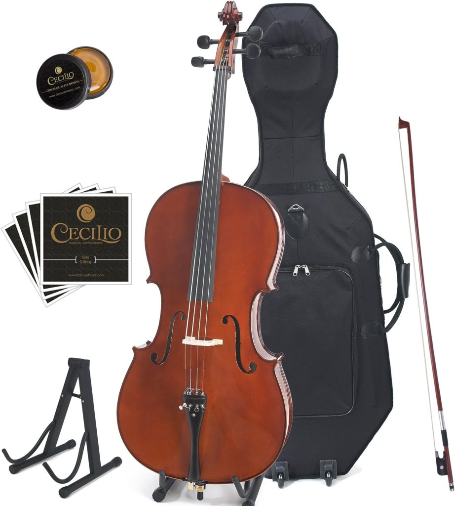 Cecilio CCO-500 Ebony Fitted Flamed Solid Wood Cello with Hard  Soft Case, Stand, Bow, Rosin, Bridge and Extra Set of Strings, Size 4/4 (Full Size)