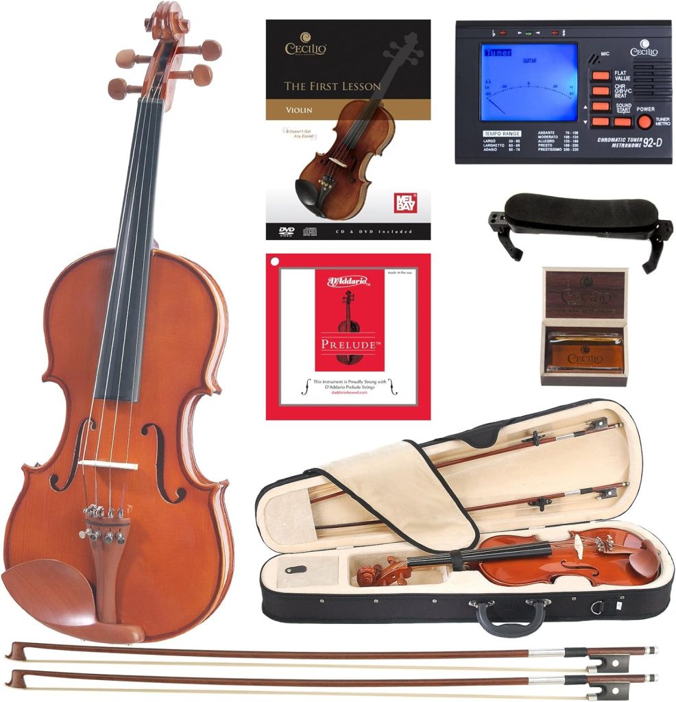 Cecilio CVN-200 Full Size Violin with DAddario Prelude Strings - Solidwood Natural Varnish Violin for Beginners - Includes Tuner, Case, and 2 Bows