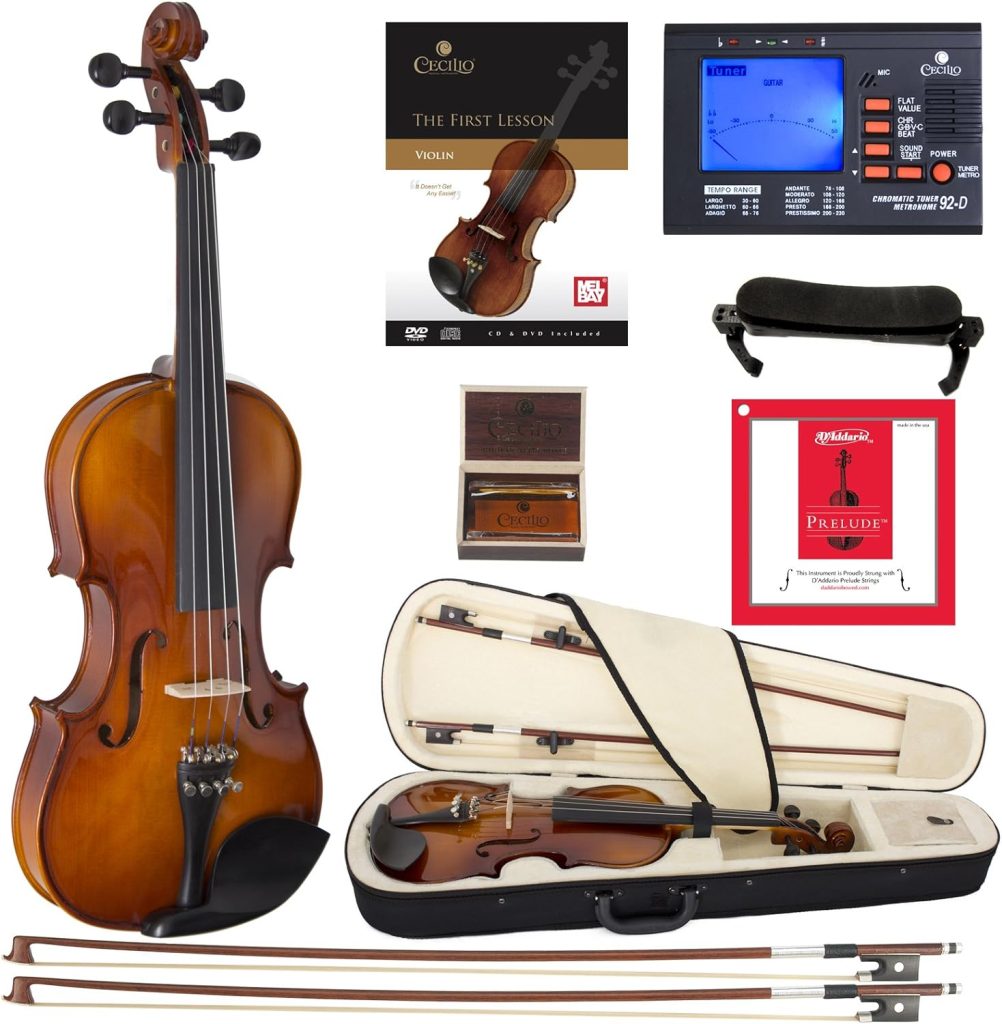Cecilio CVN-320L Solidwood Ebony Fitted LEFT-HANDED Violin with DAddario Prelude Strings, Size 4/4 (Full Size)