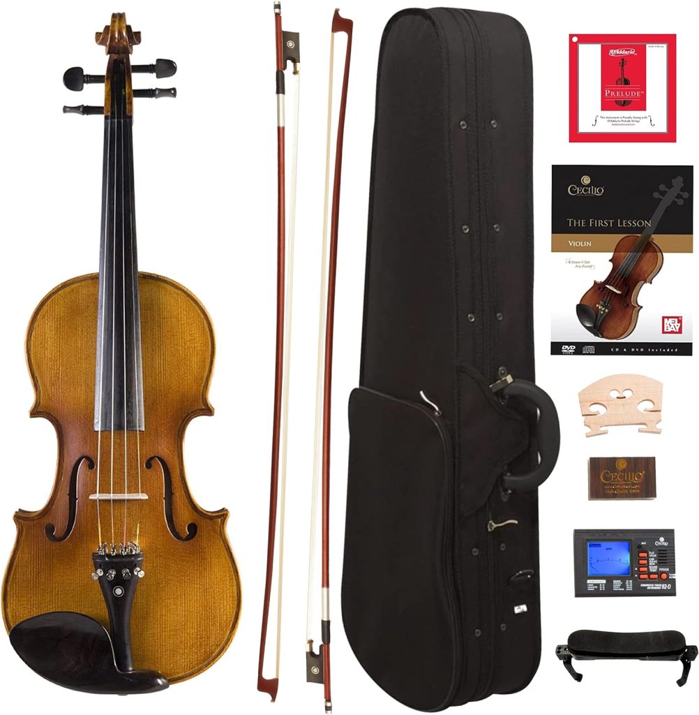 Cecilio CVN-500 Solidwood Ebony Fitted Violin with DAddario Prelude Strings, Size 4/4 (Full Size)