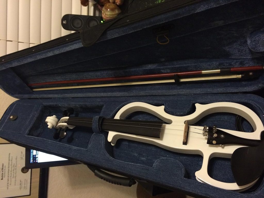 Cecilio Electric/Silent Violin - Style 2, Full Size (4/4) - Ebony Fittings - Metallic Pearl White - Includes Case, Bow, Rosin, Aux Cable, and Headphones