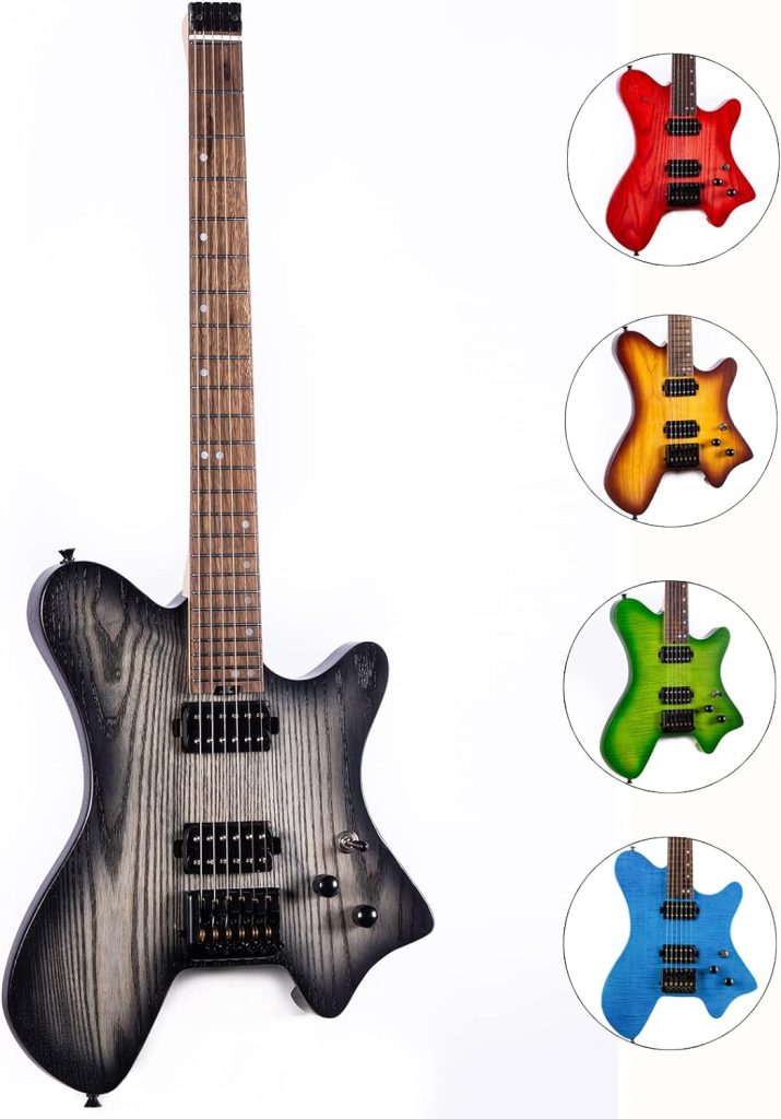 Censtar Headless Electric Guitar,6 String Solid Body Travel Guitar,Roasted Maple Neck and ASH body Stainless Steel Frets Electric guitar,24 Frets Electric Guitar