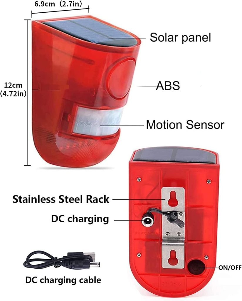 ChunHee Solar Strobe Light Alarm Motion Sensor Outdoor Sound Alarm Siren Solar Alarm with Motion Detector 129db Security Siren Light IP65 Waterproof for Farm,Villa,Home,Yard,Barn 4 Pack