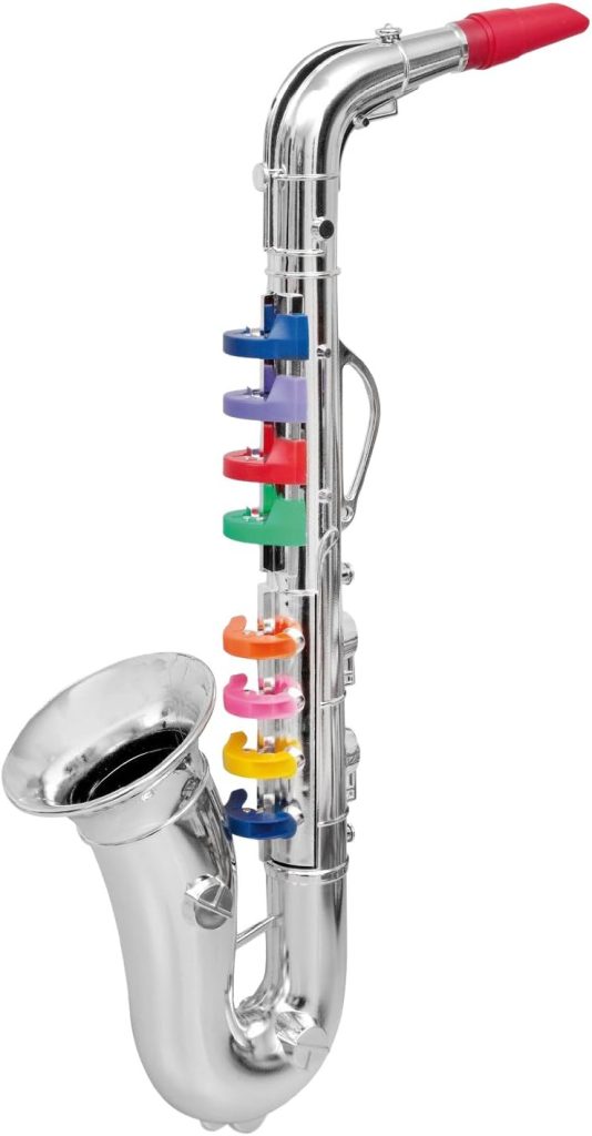 Click N Play Toy Saxophone for Kids with 8 Colored Keys, Kids Musical Instruments Ages 6-12, Plastic Saxophone in Metallic Silver, Great Musical Gift