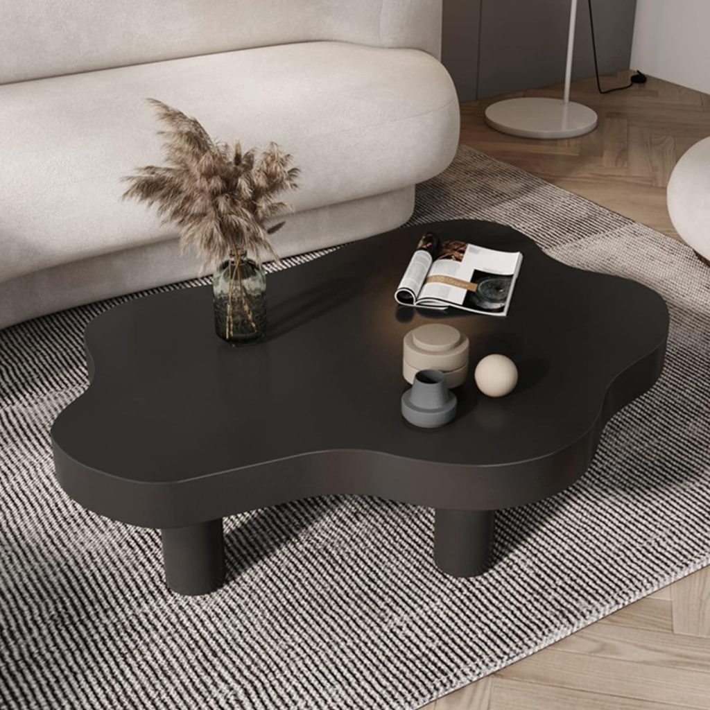 Cloud Shape Irregular Wood Coffee Table,Round Corner Thicken End Table,Cute Accent Modern Coffee Cocktail Table with 3 Legs for Living Room Furniture(43.3 Lx31.5 Wx16 H, Black)