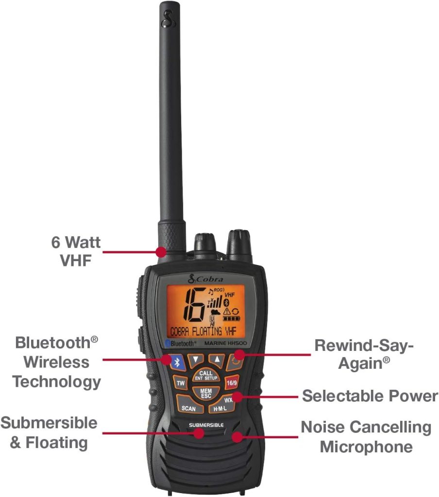 Cobra MR HH500 FLT BT Handheld Floating VHF Radio – 6 Watt, Bluetooth, Submersible, Noise Cancelling Mic, Backlit LCD Display, Memory Scan, Black