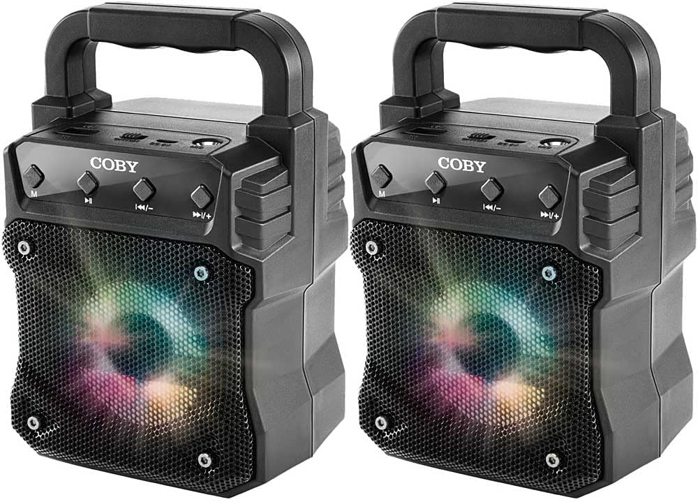 Coby Portable Bluetooth-Speaker, 2-PK | Pair of Wireless Bluetooth-Speakers w/FM Radio | Microphone Input | Portable-Speaker Karaoke-Machine with Party Lights | Perfect for Kids Adults Outdoors