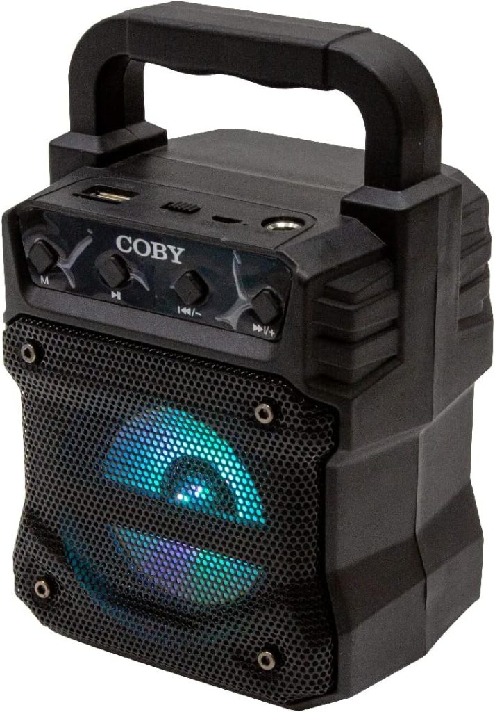 Coby Portable Bluetooth-Speaker, 2-PK | Pair of Wireless Bluetooth-Speakers w/FM Radio | Microphone Input | Portable-Speaker Karaoke-Machine with Party Lights | Perfect for Kids Adults Outdoors