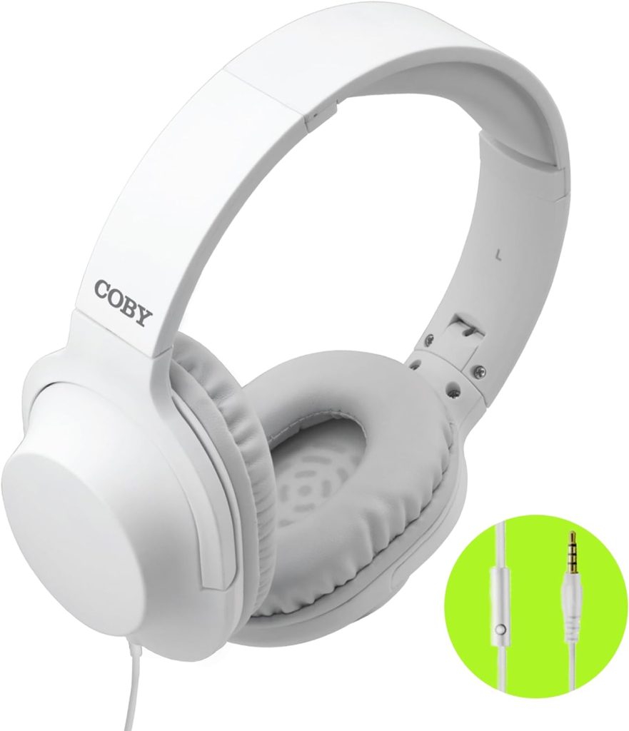 Coby Super Bass Stereo Wired Headphones, Adjustable Headband | 3.5 mm Stereo Plug w/Remote| On Ear Wired Headset, Over Ear Headphone | One-Touch Answer Button with Built-in Mic (White)