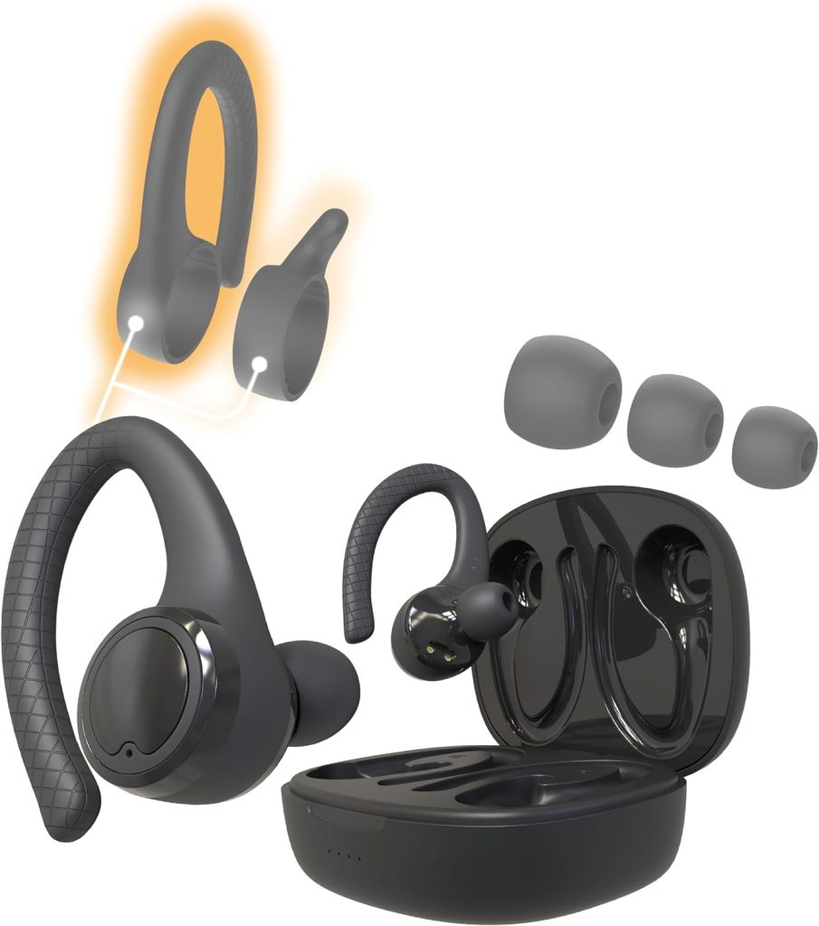 Coby True Wireless Bluetooth Earbuds | Interchangeable Ear Hooks  Tips | Sweat-Resistant |14-Hours Play Time | Drop-Proof Charging Case | Wireless Headphone w. On-Ear Controls | Gym Ready | Black