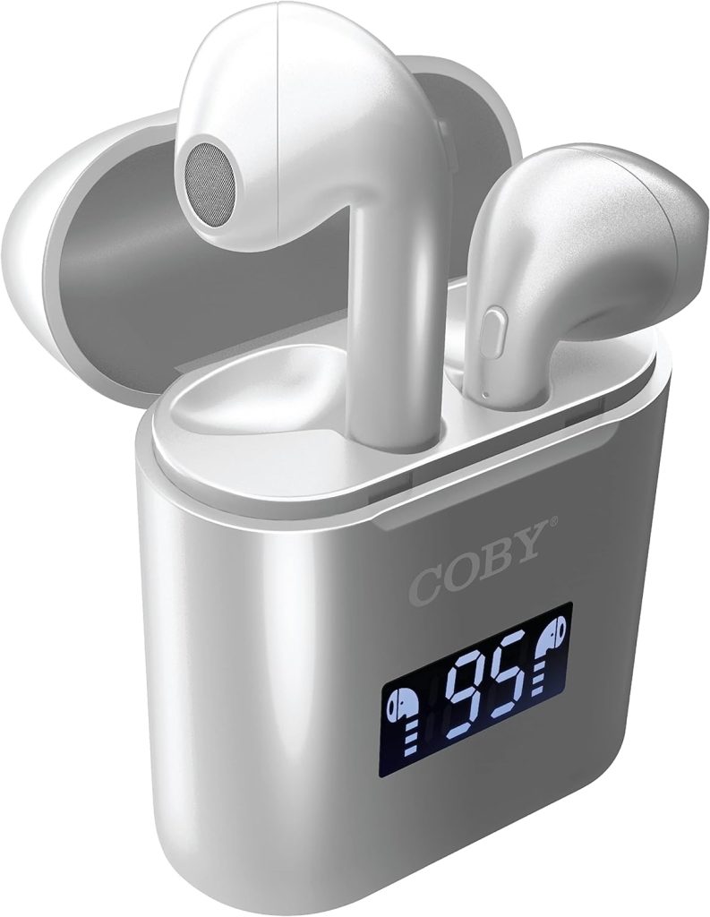 Coby True Wireless Earbuds with Smart Battery Digital Display Charging Case, Wireless Bluetooth Earbuds, In-Ear Headphones Wireless Bluetooth, Built-in Microphone, Auto Pair, 6.5 Hours of Play (White)