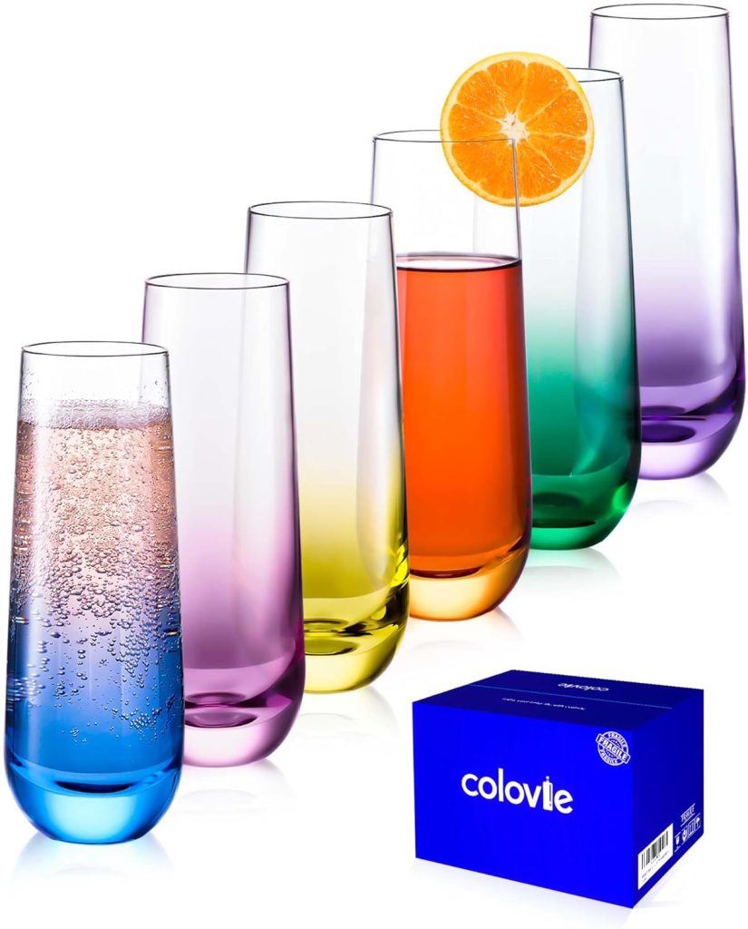 ColoVie Stemless Champagne Flutes Set of 6- Colored Champagne Glasses- Wedding Toasting Glass- Bridesmaid Gift- Mimosa Wine Flute Prosecco Cava- Crystal Bar Glassware- Birthday Cocktail Party, 9.6oz