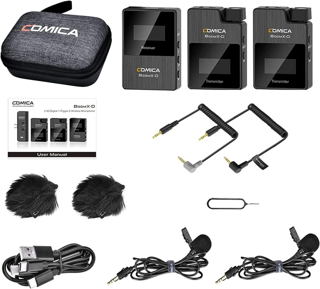 comica Wireless Lavalier Microphone, BoomX-D2 2.4G Compact Wireless Lapel Microphone System with 2 Transmitter and 1 Receiver,Lav Mic for Smartphone Camera Podcast Interview YouTube Facebook Live