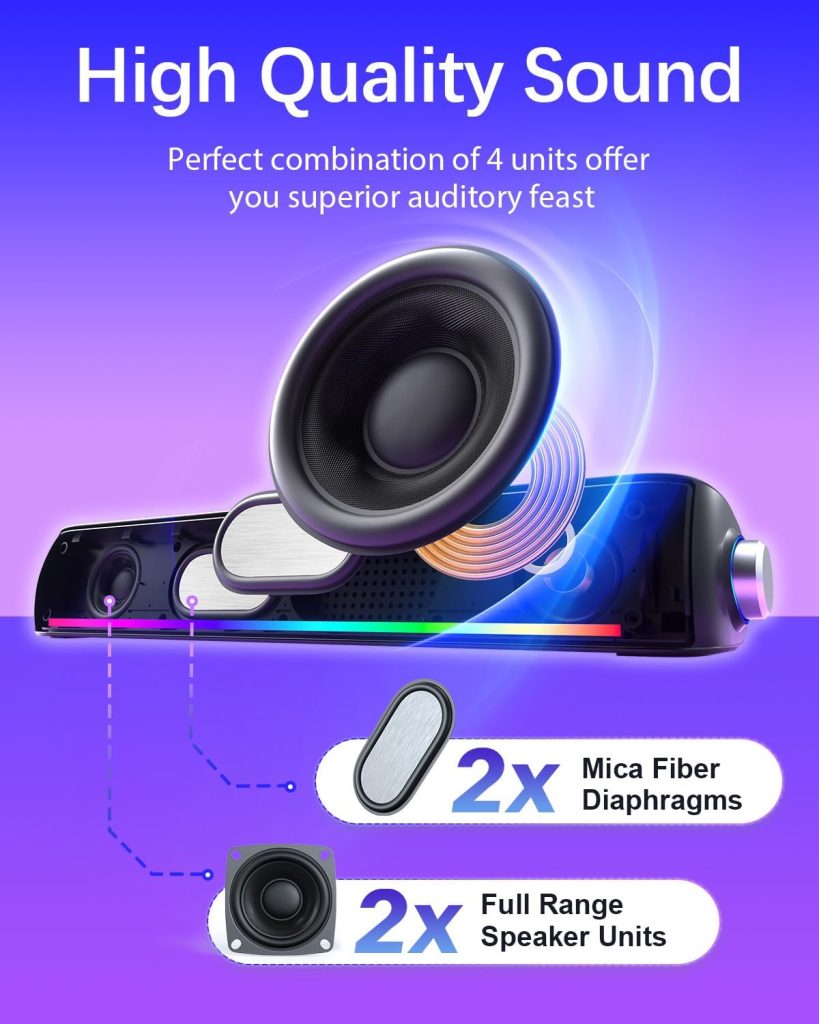 Computer Speakers, Hi-Fi Sound Quality Computer Sound Bar, Bluetooth 5.0  3.5mm Wired PC Speakers with 4 Dynamic Lighting Modes, USB Powered Speakers for PC, Desktop, Laptops, Phones, Monitors, Xbox