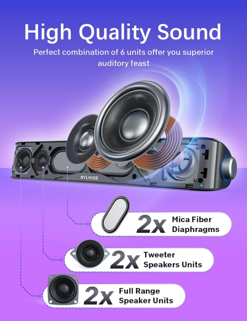 Computer Speakers, HiFi Sound Quality Computer Sound Bar, USB Powered PC Speakers, Bluetooth 5.0 and 3.5mm Aux-in Computer Speakers for Desktop, Laptop, PCs, Monitor, Tablets, Xbox, Gaming Speaker