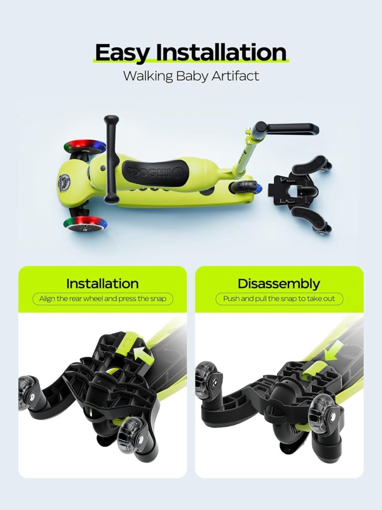 COOGHI 4-in-1 Toddler Scooter, Kids Scooter with Flashing Wheels, 360° Baby Fence  Adjustable Parent Push Bar  Seat  T-Bar, 3 Wheel Scooter for Kids Ages 1-5, Boys  Girls