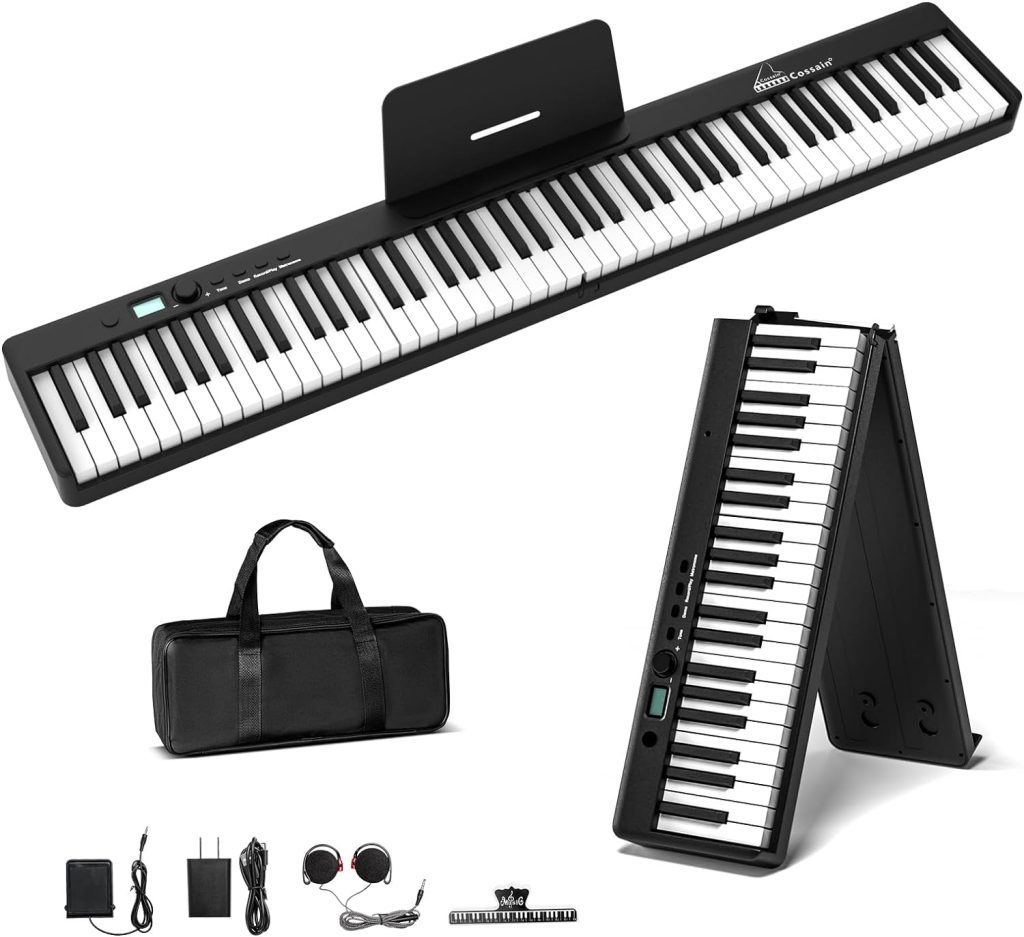 Cossain 88 Key Digital Piano, Folding Piano Keyboard [Full Size/Semi-Weighted/Touch Sensitive] Portable Piano with Piano Bag, [Bluetooth  MIDI] Electric Piano Keyboard for Adult