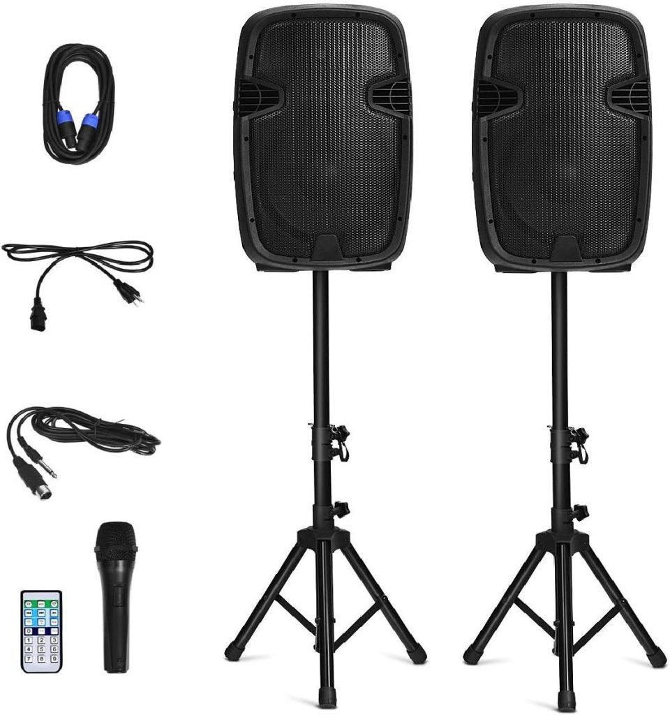 Costzon 2-Way Powered PA Speakers System Combo Set, 12 2000W Portable Dual Passive Active Speaker with 2 Speaker Stands, Bluetooth, USB/SD Card, AUX MP3 FM Radio, Microphone, Remote Control (12)