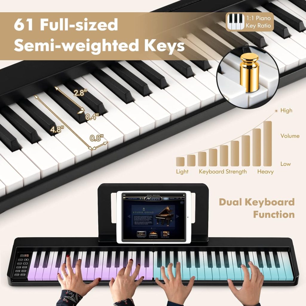 Costzon 61-Key Folding Piano Keyboard, Portable Electric Piano w/Full Size Keys, Music Stand, Sustain Pedal, MIDI, Piano Bag, Power Supply, Digital Piano Keyboard for Beginners, Teens, Adults (Black)