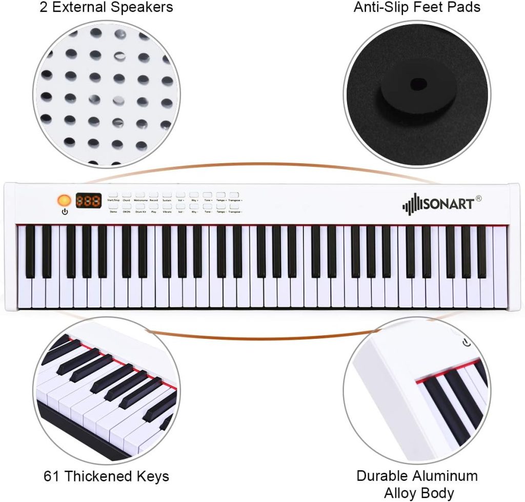 Costzon BX-II 61-Key Portable Keyboard Piano, Electric Keyboard Digital Piano w/Semi Weighted Keys, USB/MIDI Keyboard, Sustain Pedal, Power Supply  Carrying Case for Beginners Adults Kids, White