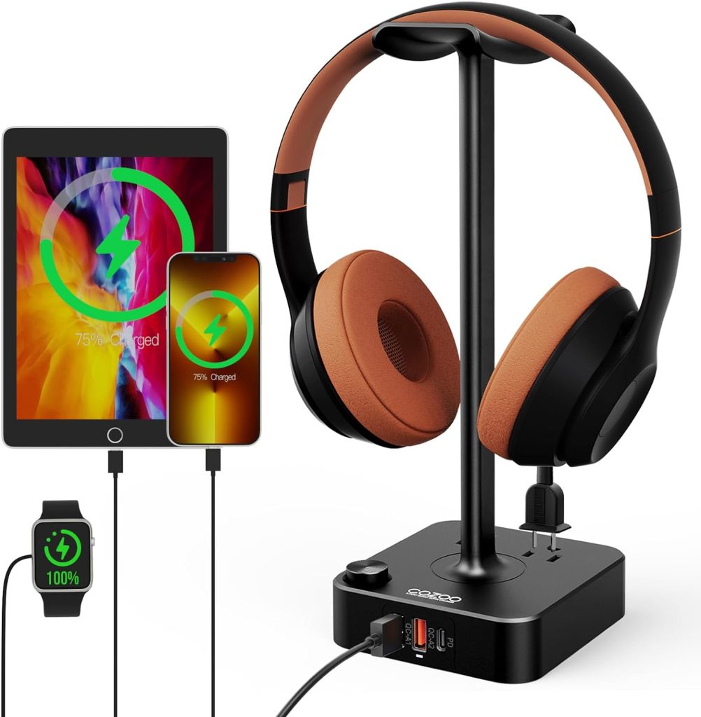 cozoo Headphone Stand with USB Charger Desktop Gaming Headset Holder Hanger with 3 USB Charger and 2 Outlets - Suitable for Gaming, DJ, Wireless Earphone Display,Gaming Desk Accessories,Gifts for Him