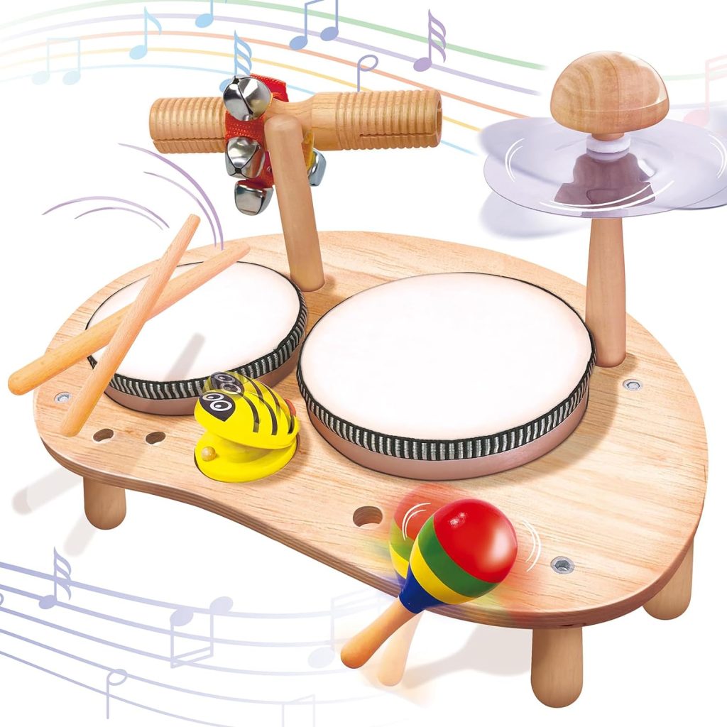 CozyBomB Kids Drum Set - Montessori Musical Instruments Set Toddler Toys - 7 in 1 Wooden Musical Kit Baby Sensory Educational Toys - Christmas Birthday Gifts for Children Boys  Girls