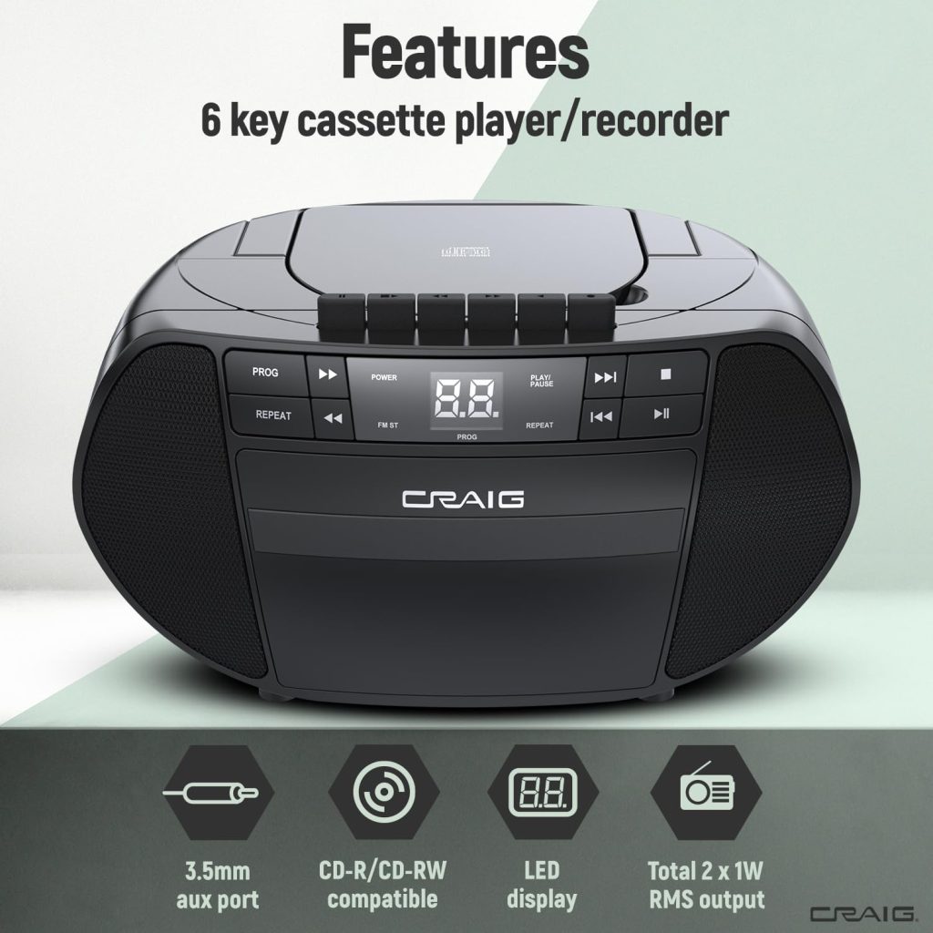 Craig CD6951 Portable Top-Loading CD Boombox with AM/FM Stereo Radio and Cassette Player/Recorder in Black | 6 Key Cassette Player/Recorder | LED Display |