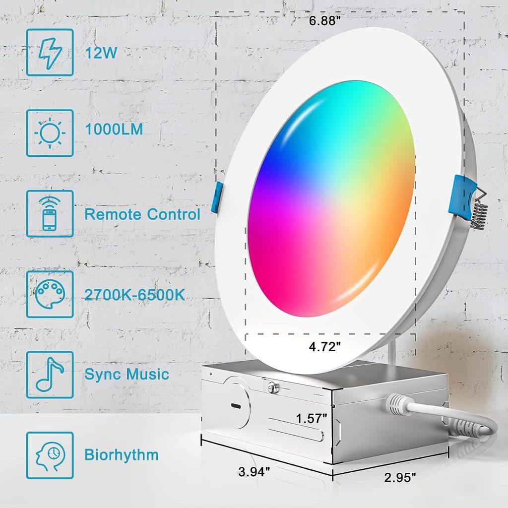 CRESTIN Smart WiFi Recessed Lighting 6 Inch LED Recessed Lights 12W=85W 1000LM RGBCW Color Changing Retrofit Downlight with Junction Box Work with Alexa/Google Assistant (2 Pack)