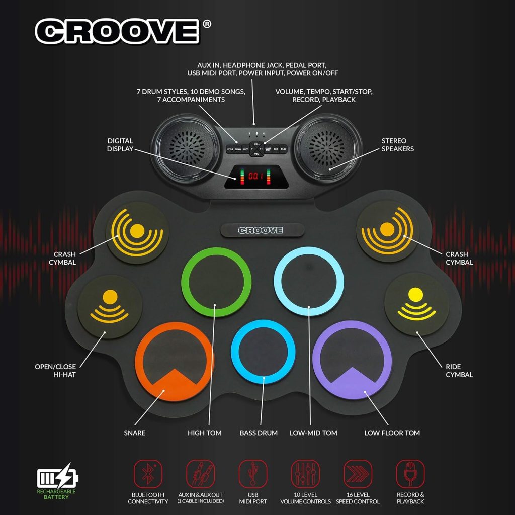 Croove Electronic Drum for kids | 9 Drum Pads  2 Pedals | Rechargeable Drums for kids | Headphone Jack Makes It A Great Drum Set For Kids | Great beginner drum set