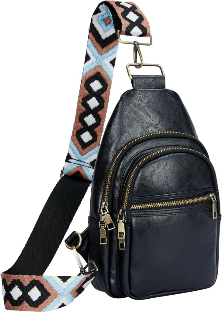 Crossbody Bags for Women Fanny Pack Multi Pocket Casual Sling Bag Vegan Leather Chest Purse Guitar Strap Belt Bag (Black)