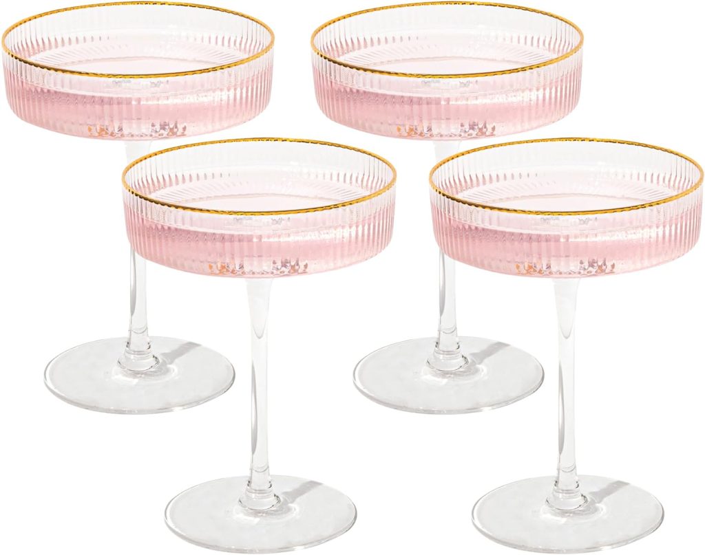 Crutello Champagne Coupe Glasses Set of 4, Gold Rim, 7oz Vintage Cocktail Glass, Ribbed Fluted Glassware for Champagne, Martini, Manhattan, Cosmopolitan, Spritz  Frozen Drinks